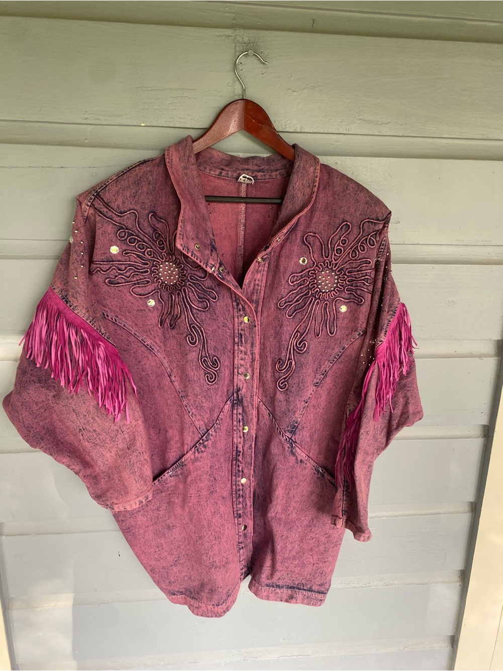 Vintage Pink Embellished Fringe Denim Jacket Embroidered Batwing Sleeve, Size L
